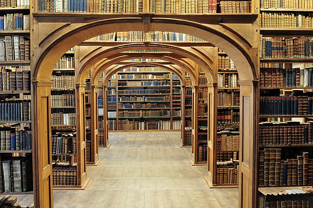 Rows of bookshelves in a library